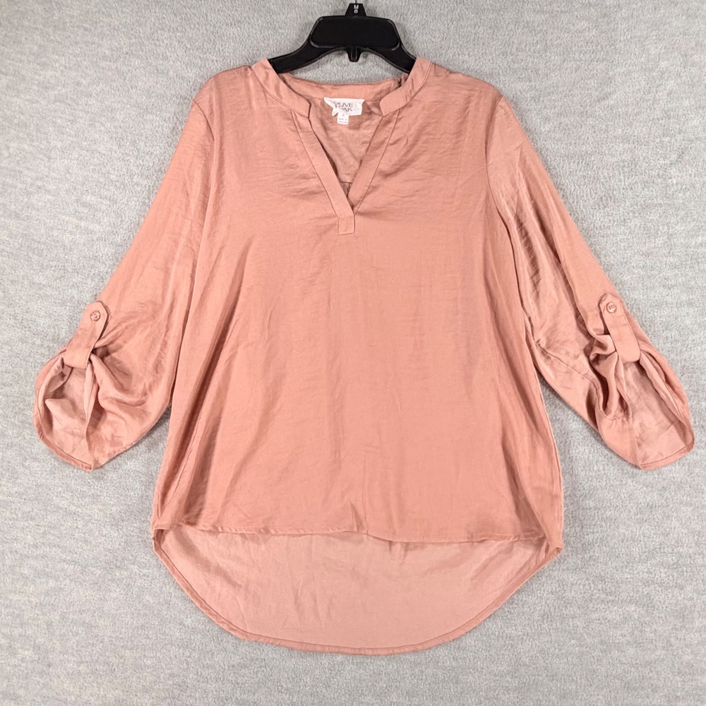 Olive & Oak Blouse Womens Size S Pink Roll Tab Sleeve V-Neck High Low 3W20805